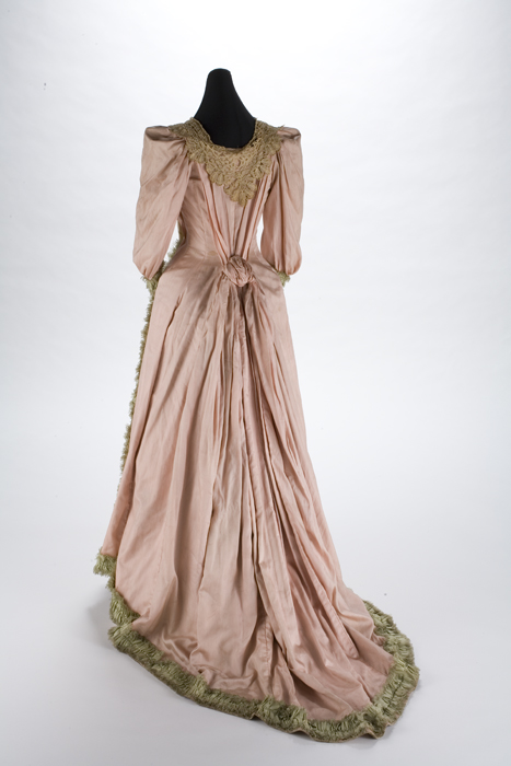 Image of Silk ball gown worn by Alsora Hayner Fry, with rhododendron design handpainted by Jessie Elliot, 1893
